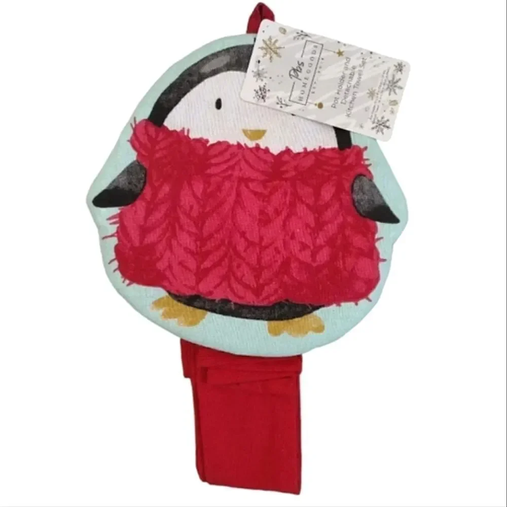 Pbs Home Goods Red Christmas Penguin Pot Holder Detachable Towel Set NWT